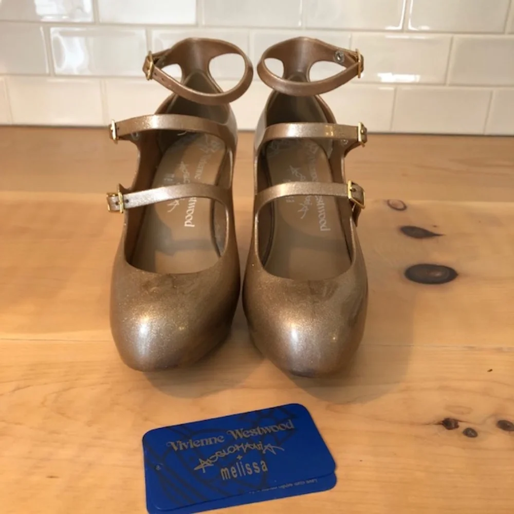 RARE Vivienne Westwood Gold Glitter High Heels Triple Strap size 9 - Picture 7 of 10
